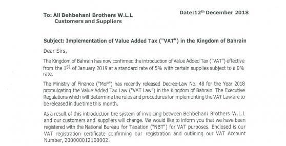 Implementation of Value Added Tax ("VAT") in the Kingdom of Bahrain